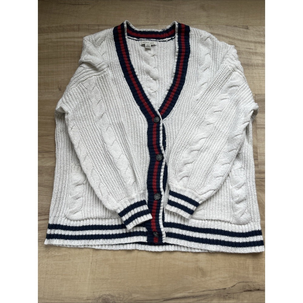 American‎ Eagle Cable Knit Cardigan Sweater Women's Size Small White Preppy